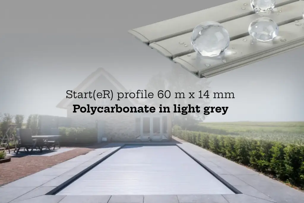 Start(eR) profile 60 m x 14 mm Polycarbonate in light grey met hoge slagvastheid (hagelklasse HW5) en hittebestendigheid (Vicat 140-150°C)